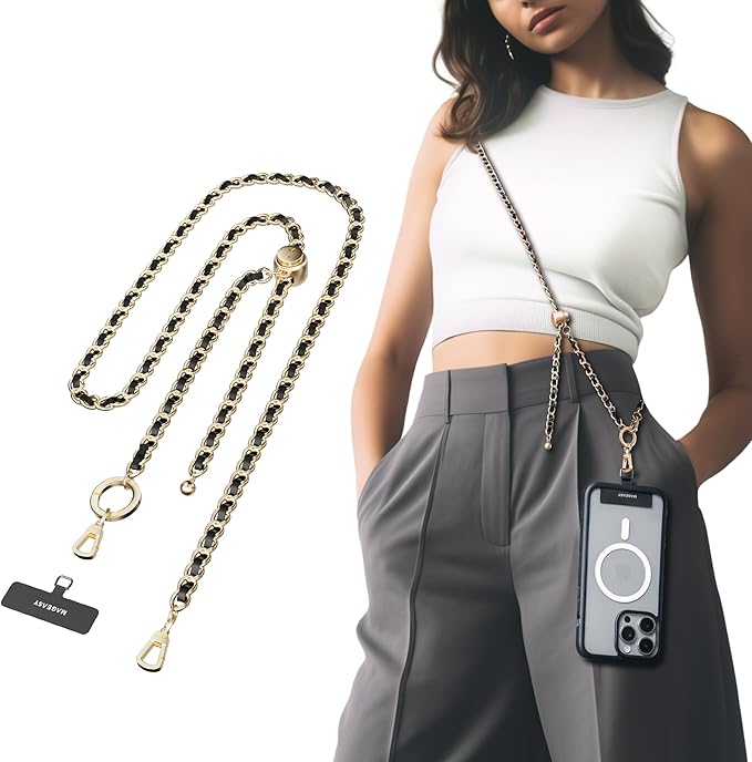 MAGEASY Crossbody Phone Chain Strap - Universal Metal Crossbody Phone Lanyard With Adjustable Length, Chic Cell Phone Necklace Phone Strap for iPhone & Android Phones - Modern Gold Metal