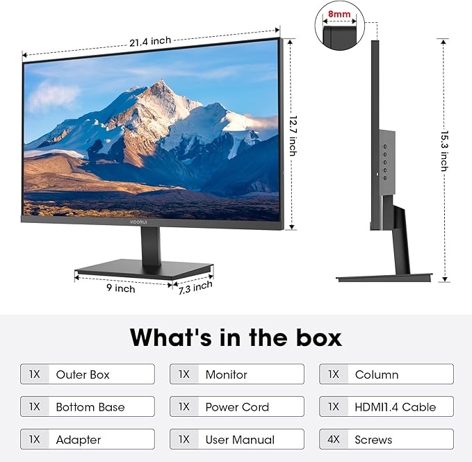 KOORUI 24-inch Computer Monitor Full HD 1920 x 1080p 100Hz VA Display 3000:1 Contrast Ratio with HDMI VGA, Three-Sided Slim Bezels, Freesync, 100 x 100 mm VESA Mountable, Ergonomic Tilt, Black