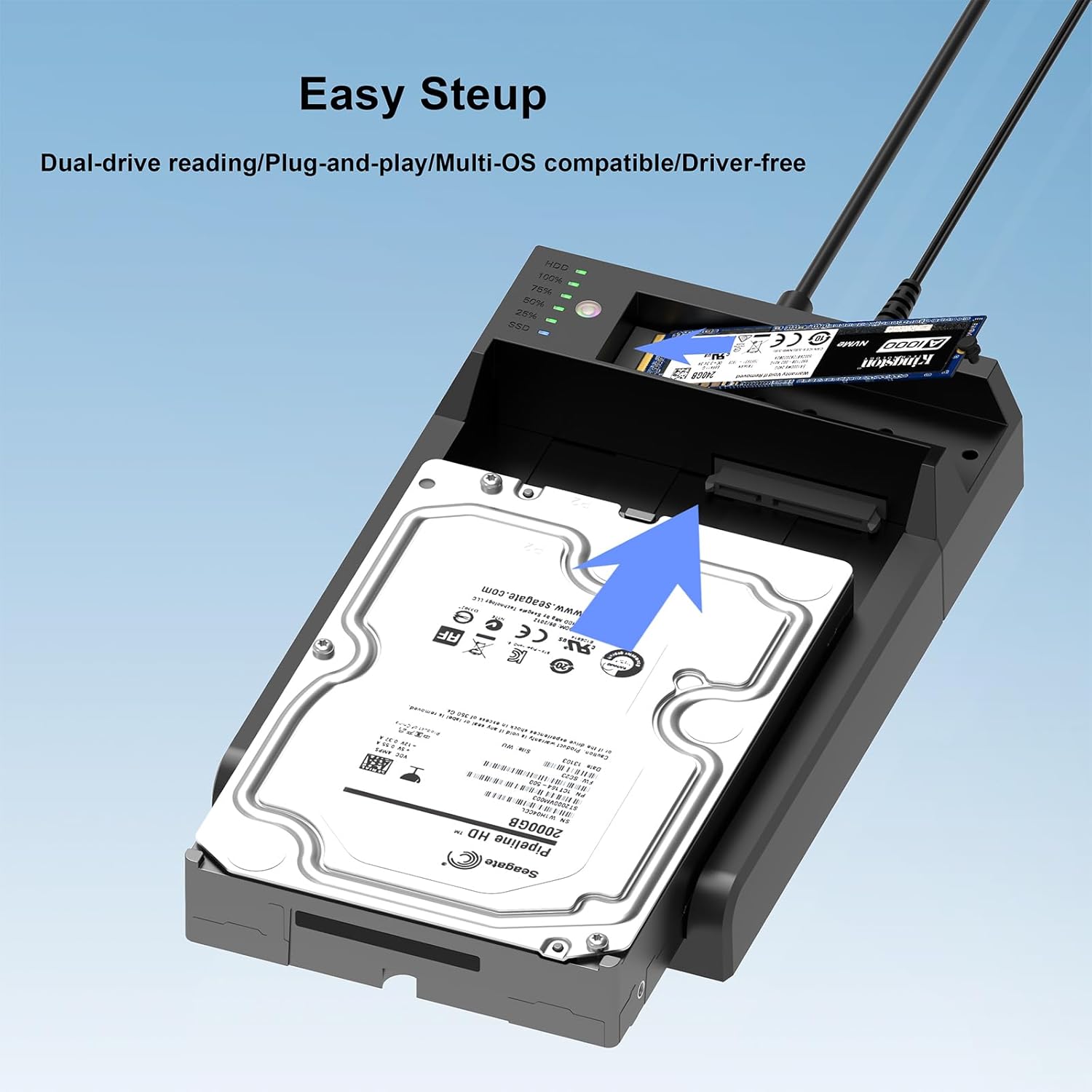 Dual-Bay Docking Station M.2 NVME & SATA SSD Enclosure with Offline Clone, USB-C 10Gbps, Tool-Free Design for Windows/Mac/Linux