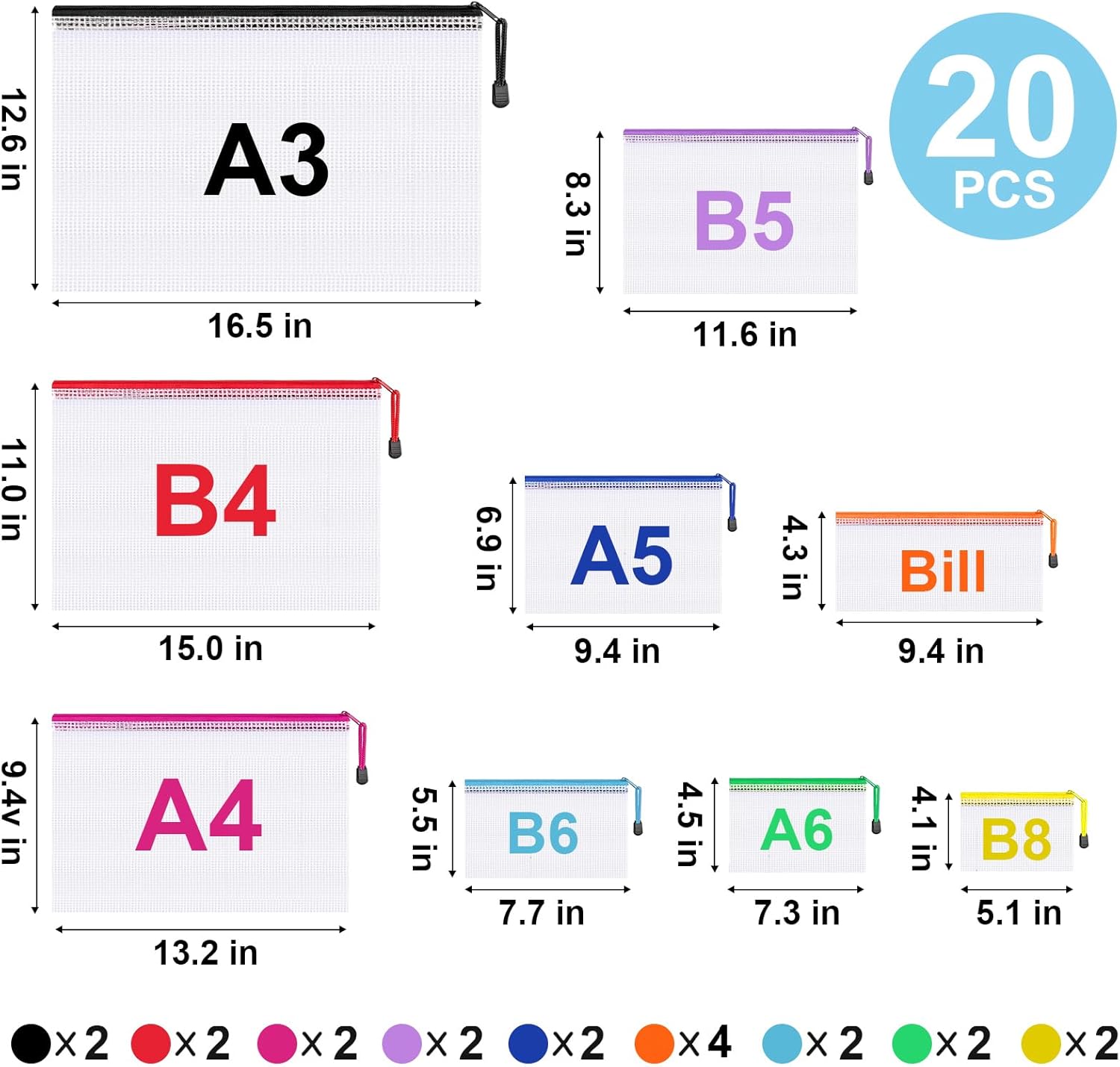 20pcs Mesh Zipper Pouch Bags,9 Sizes Plastic Zipper Bags for Organization,Reusable Zipper Pouches for Puzzle Board Game Storage,for Travel School Office Supplies.