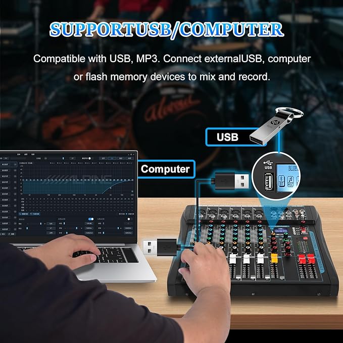 Audio Mixer,6 Channel Board Mixer for Streaming, Professional Sounds Board Mixer with 16 DSP Effect, USB Audio Interface and 48V Phantom Power, Stereo DJ Mixers for PC Recording/DJ stage