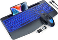 Wireless Keyboard and Mouse Backlits, Wrist Rest, LED Mouse, Rechargeable Ergonomic Keyboard with Phone Holder, Silent Light Up Combo for Computer, Mac, PC, Laptop, Chromebook (Black)