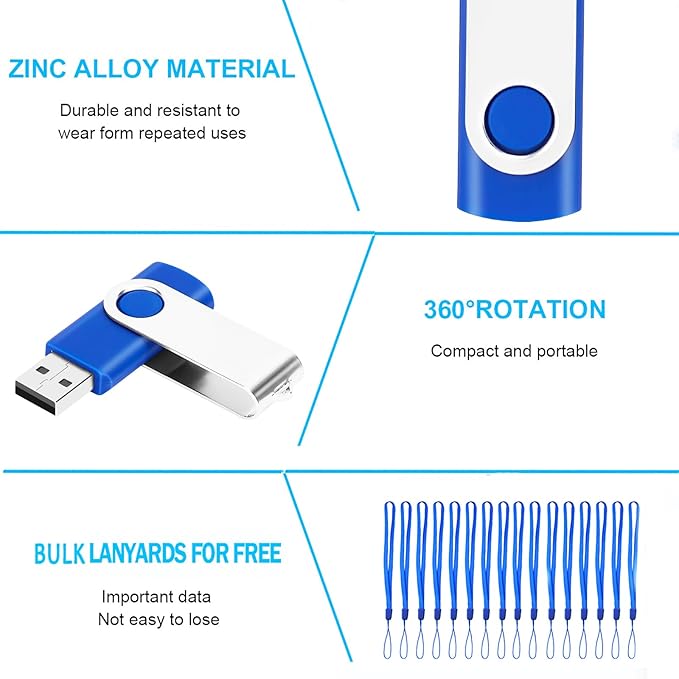 EASTBULL 200 Packs of 2GB Bulk Flash Drives, USB Flash Drives Pack 2GB USB Drives Bulk Swivel USB2.0 Thumb Drives Bulk with Strings (200Packs, Blue)