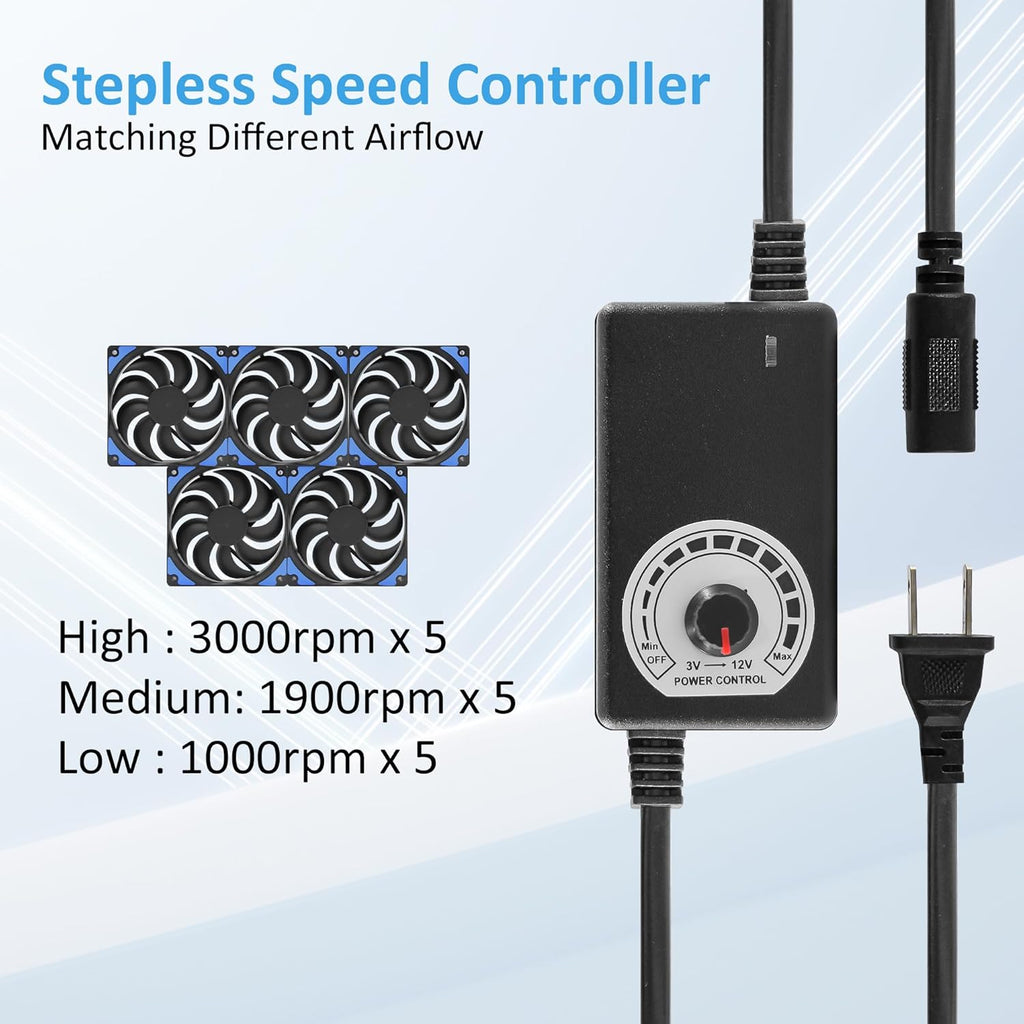 120mmx5 600mm Adjustable Computer PC Vent Fans 3V-12V Speed Controller for Flexible Arrange Rack Space Window Wall Cabinet Server Mining Rig Chicken Coop Exhaust Cooling