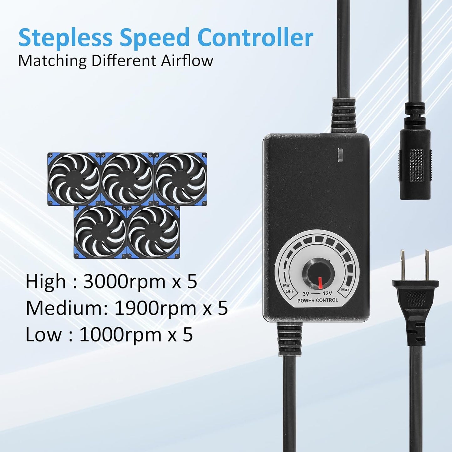 120mmx5 600mm Adjustable Computer PC Vent Fans 3V-12V Speed Controller for Flexible Arrange Rack Space Window Wall Cabinet Server Mining Rig Chicken Coop Exhaust Cooling