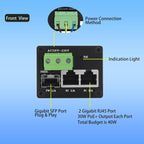Ultra Mini Ethernet PoE+ Switch,2 PoE+ Output & 1-Uplink SFP Port ,30W PoE Output@40W Budget ,PoE+ Injector Adapter,Desktop or Wall/Dinrail Mount,Fanless,for Multiple PoE Devices(30W)