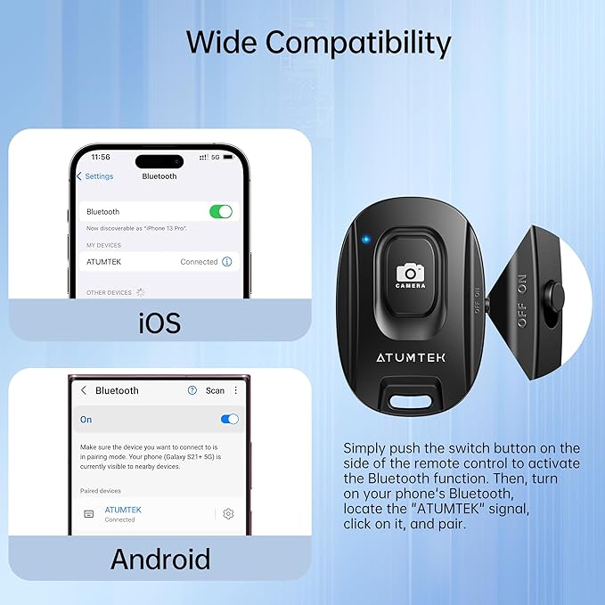 ATUMTEK Camera Remote Shutter for iPhone and Android Smartphones (2 Pack), Wireless Phone Remote Control Selfie Button for Photos and Videos (Bluetooth 5.2), Wrist Strap Included, Black