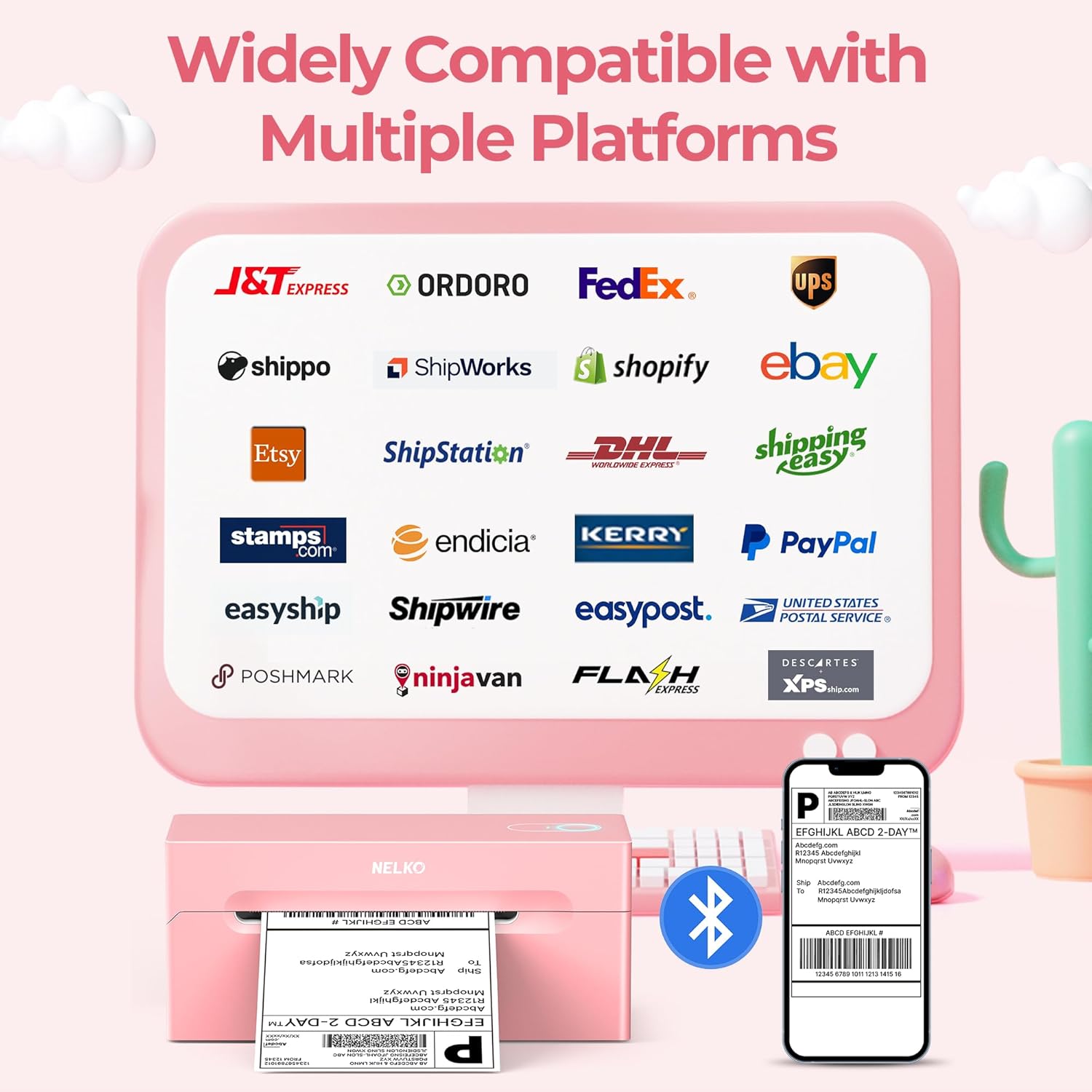 Nelko Bluetooth Thermal Shipping Label Printer, Wireless 4x6 Shipping Label Printer for Small Business, Support Android, iPhone and Windows, Widely Used for Amazon, Ebay, Shopify, USPS(Pink)