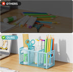 Marbrasse Mesh Pen Holder for Desk,Pencil Holder Desk Organizer 3 Adjustable Compartments,Pencil Cup with Handle Perfect for Classroom, Office, Home,Makeup,Art (Blue)