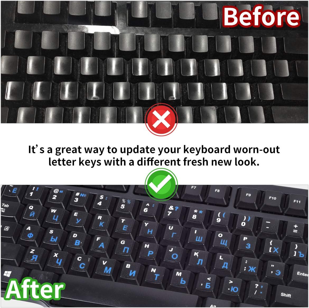 2PCS Russian Keyboard Stickers, Cyrillic Keyboard Letters Replacement Sticker Blue Font with Black Background for PC Computer Laptop Notebook Desktop, Russian-English Keyboard Alphabet Stickers