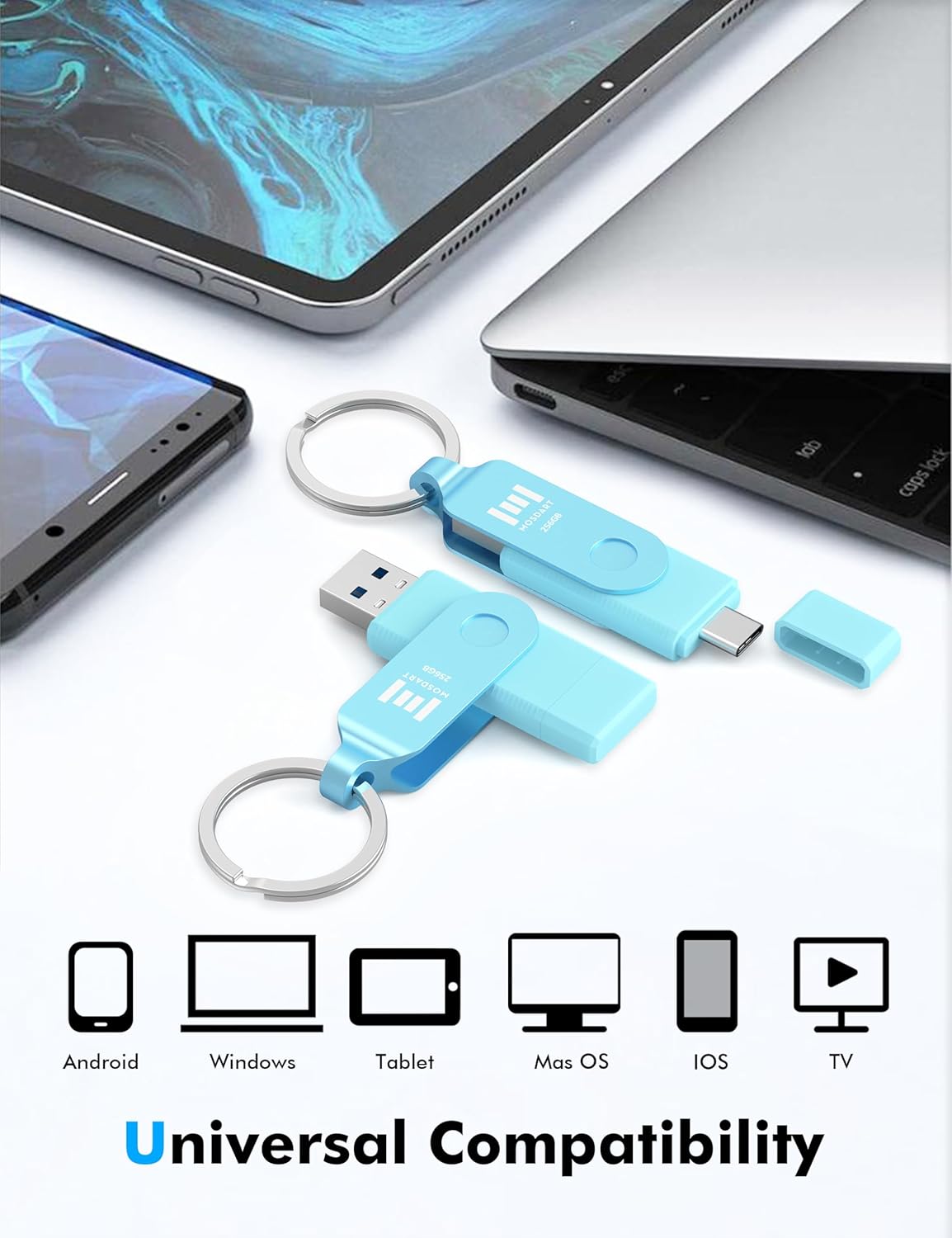 MOSDART 256GB USB3.1 Fast Speed C and A Dual Flash Drive, exFAT Memory Stick with Keychain and LED Indicator, for iPhone 15 and 16, Android Phone, iPad, MacBook, and Other Laptops, Sky Blue