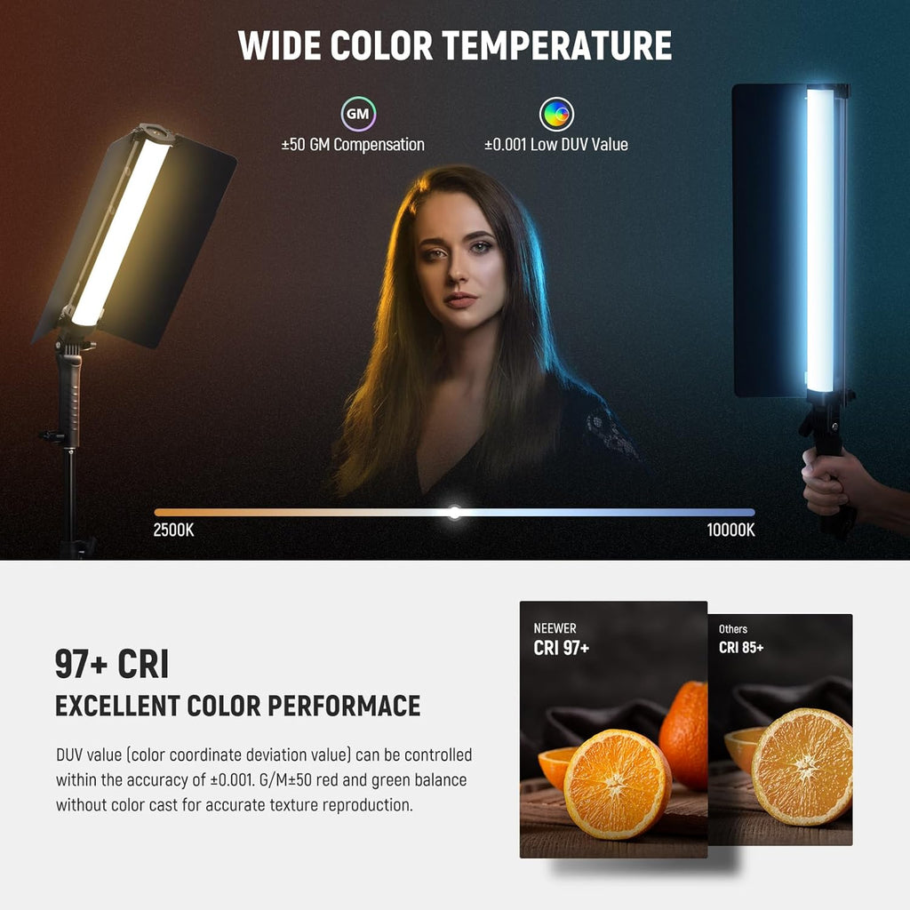 NEEWER RGB2 LED Tube Light Stick with Metal Barndoor, Handle, Touch Bar/APP/2.4G Control, Rechargeable Magnetic Handheld RGB Video Light, 2500K-10000K CRI98+ Dimmable Photography Lighting, 18 Scenes