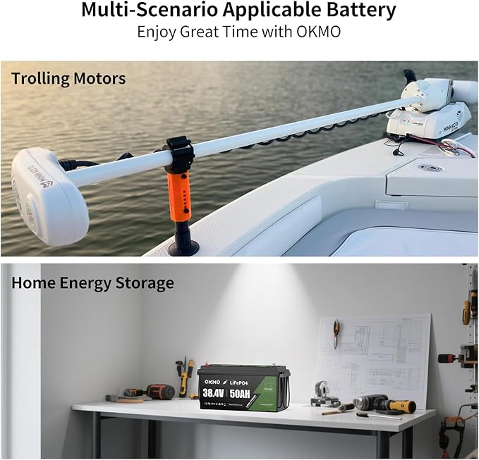 OKMO 36V 50Ah Trolling Motor LiFePO4 Lithium Battery with 100A BMS Low-Temp Protection for 36V Trolling Motor