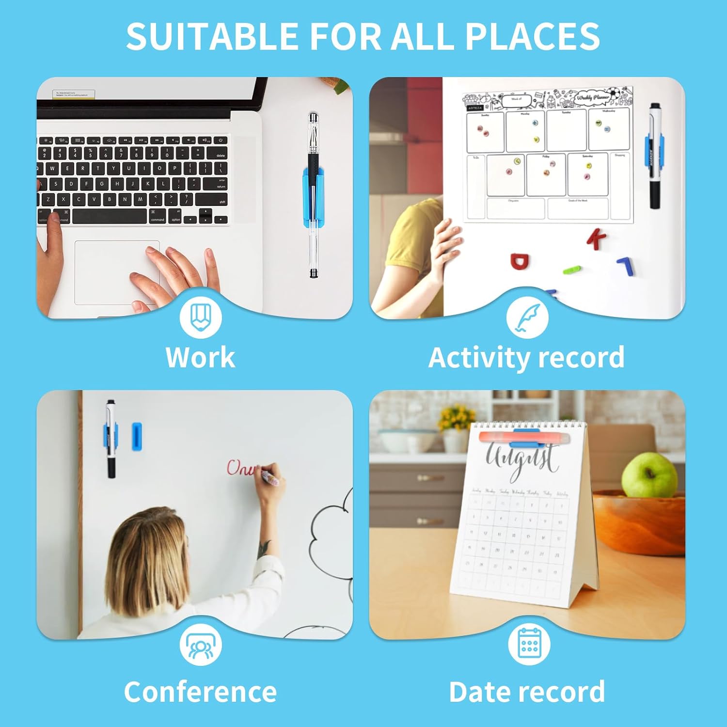 12 Pack Pen Holder for Desk, Silicone Pencil Holder with 12 Extra Adhesive Stickers, Adhesive Pen Holder & Marker Clip for Classroom Office Desk or Any Surface, Teacher Accessories Supplies (Blue)