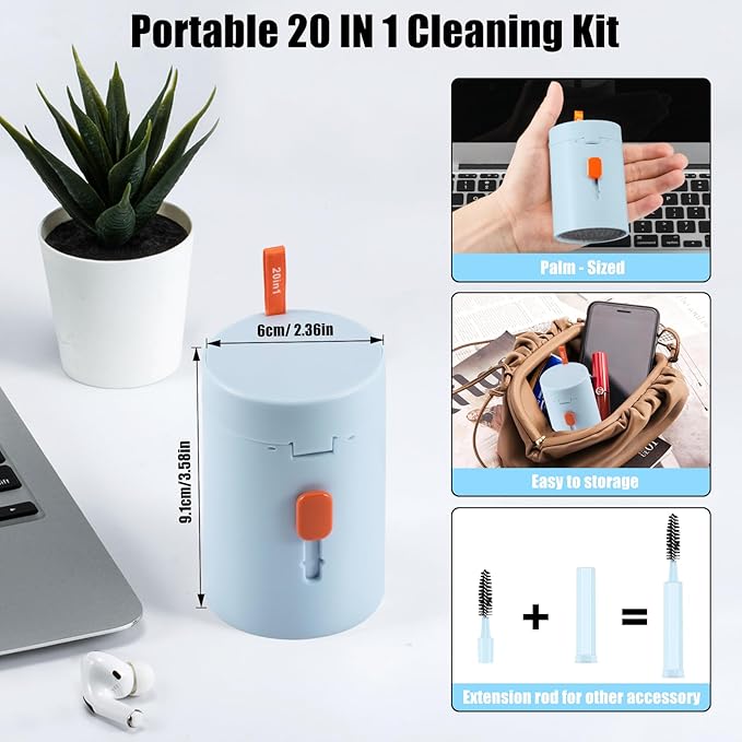 Laptop Phone Screen Cleaner Kit, Computer Keyboard Brush Cleaning Spray for iPhone AirPods MacBook iPad, 20-in-1 Electronic Device Clean Tool for Camera PC Monitor Earbud TV Tablet Car Screens, Blue