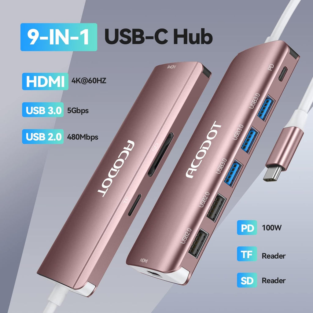 Acodot 9 in 1 USB C to 4K@60HZ HDMI Multiport Adapter, 3 USB 3.0 Ports, SD/TF Card Reader, 100W PD, Designed for MacBook Pro Air HP XPS etc, Rose Gold
