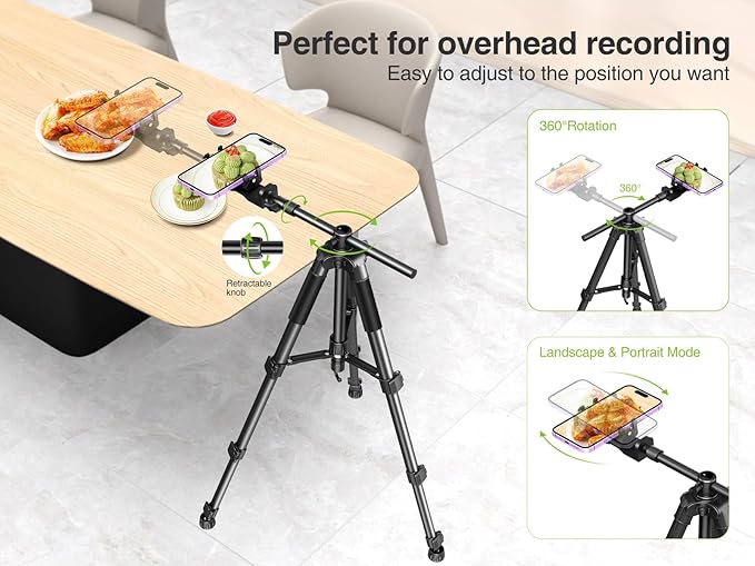 Elitehood Ultra-Stable Overhead Tripod for iPhone – Heavy Duty Aluminum iPhone Tripod Stand, 360°Adjustable & 25in Horizontal Long Phone Arm, Tall Phone Holder Stand Mount for Recording