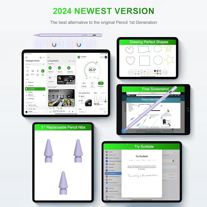 Stylus Pen for iPad 2018-2025: 15 Mins Fast Charging Pencil 1 Generation with Tilt Sensitivity Palm Rejection - Work for iPad Air 3 4 5 M2 M3- Pro 11" 12.9" M4 - Mini 5 6 - iPad 6 7 8 9 10 11 (Purple)