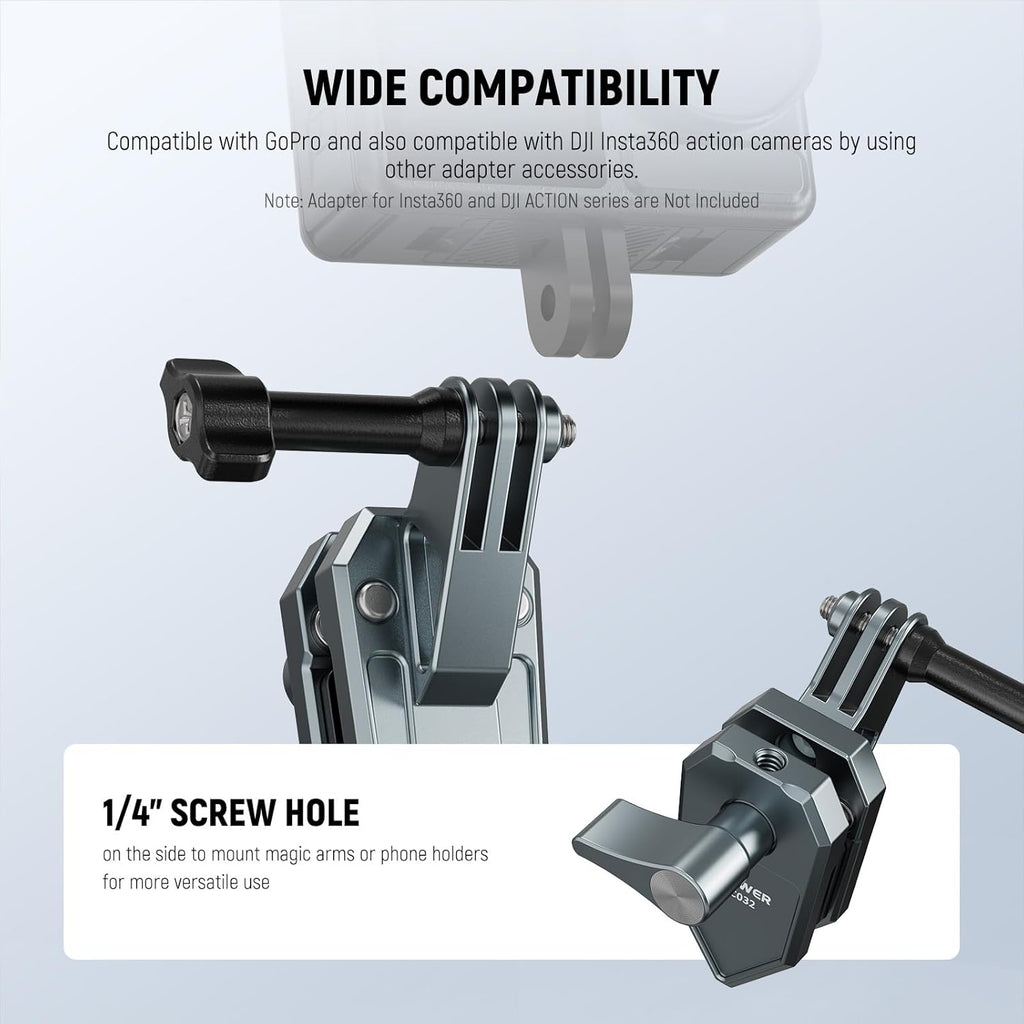 NEEWER Motorcycle Windshield Action Camera Clamp Mount, Aluminum Alloy Clip with 3 Prong Adapter & 1/4" Screw Hole Compatible with GoPro Hero 13 12 DJI Adapters for POV Video Recording, AC032