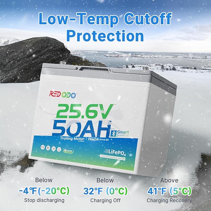 Redodo Bluetooth 24V 50Ah TM Low-Temp LiFePO4 Battery, Smart Lithium Battery Built in 50Ah BMS, 10 Years Lifespan, Perfect for Trolling Motor, Marine, RV, Fishing Finder, Solar and Off Grid-4 Pack