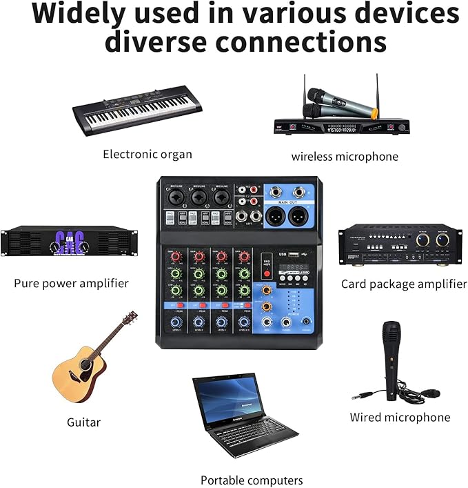 Dj Mixers 5 Channel Audio Mixer Sound Board with Bluetooth, Usb Audio Interface with 48V Phantom Power Sounds Mixer Board with FX Reverb Delay Effect for Streaming