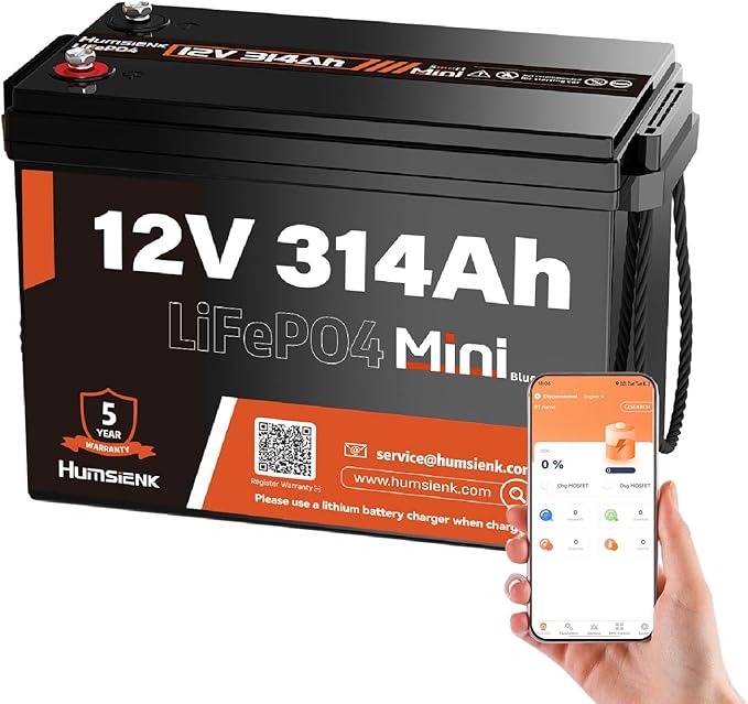 12V 300Ah (314Ah) LiFePO4 Lithium Battery Bluetooth MINI, Max. 4190Wh Energy, EV A+ Cells, Built-in 100A BMS, 15000 Deep Cycles Batterys for RV, Marine, Solar