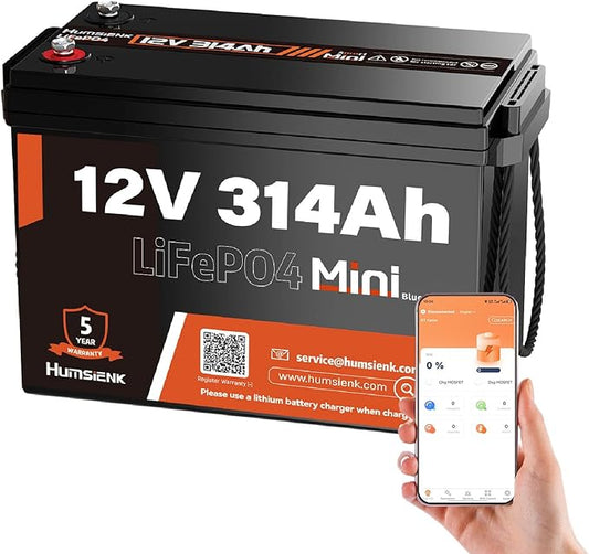 12V 300Ah (314Ah) LiFePO4 Lithium Battery Bluetooth MINI, Max. 4190Wh Energy, EV A+ Cells, Built-in 100A BMS, 15000 Deep Cycles Batterys for RV, Marine, Solar