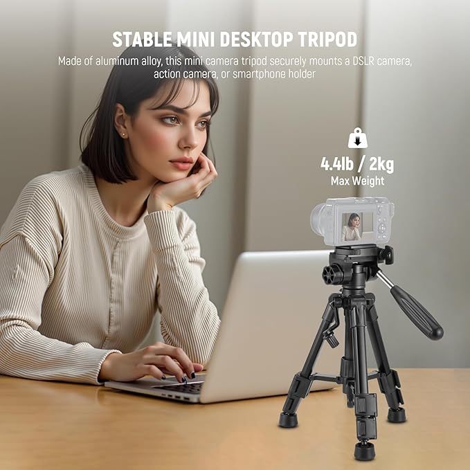 NEEWER Basic Mini Desk Tripod for Camera with 3 Way Pan Tilt Head & Handle, Small Portable Metal Tabletop Selfie Stick Stand with 1/4" Screw for DSLR Vlog Video Recording, Max Load 13.2lb, TP02