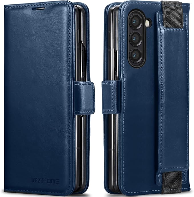 KEZiHOME for Samsung Galaxy Z Fold 6 Case, Genuine Leather Galaxy Z Fold6 Wallet Case [RFID Blocking] with Card Holder Stand Folio Protective Phone Cover Compatible with Samsung Z Fold 6 5G (Blue)