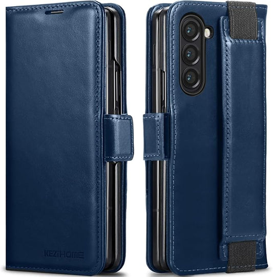 KEZiHOME for Samsung Galaxy Z Fold 6 Case, Genuine Leather Galaxy Z Fold6 Wallet Case [RFID Blocking] with Card Holder Stand Folio Protective Phone Cover Compatible with Samsung Z Fold 6 5G (Blue)