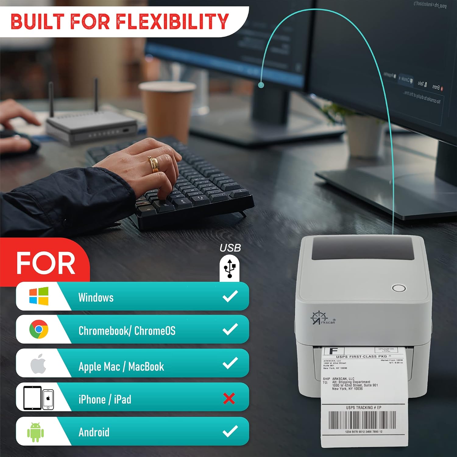 Arkscan 2054K-USB Upgraded 2054A Shipping Label Printer for Windows Mac Chromebook, Support Amazon Ebay Paypal Etsy Shopify ShipStation UPS USPS FedEx, fit Roll & Fanfold 4x6 Direct Thermal