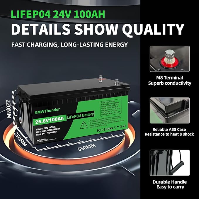 12V 100Ah LiFePO4 Lithium Battery, Built-in Smart BMS, Low Temperature Protection Group 24 Deep Cycle Battery for Trolling Motor, RV, Solar, Marine, Camping and Off Grid Applications 2 Pack