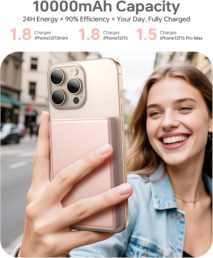 10,000mAh for MagSafe Power Bank Ultra Slim, Magnetic Wireless Charger with USB-C Cable, Fast Charging Portable Battery for iPhone 16/15/14/13/12 Series, All-Metal Design (Rose Gold)