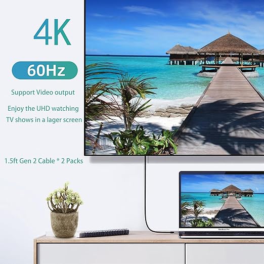 100W Short USB C Cable 3.1 Right Angle [1.5FT 2 Packs], 5A Fast Charging, 10GBbps High Speed Data E-Marker Chip Cords, 4K@60Hz Video Display