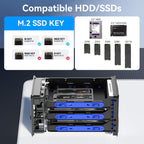 Hybrid 2*2.5/3.5" SATA HDD/SSD(Support RAID 1/0/JBOD/NORMAL)+3* M / B+M Key M.2 NVMe Enclosure with Fan, USB A/C 3.2 Gen 2, Hard Drive Enclosure Support 68TB(2*22TB HDD+3*8TB 2230/42/60/80/110 SSDs)