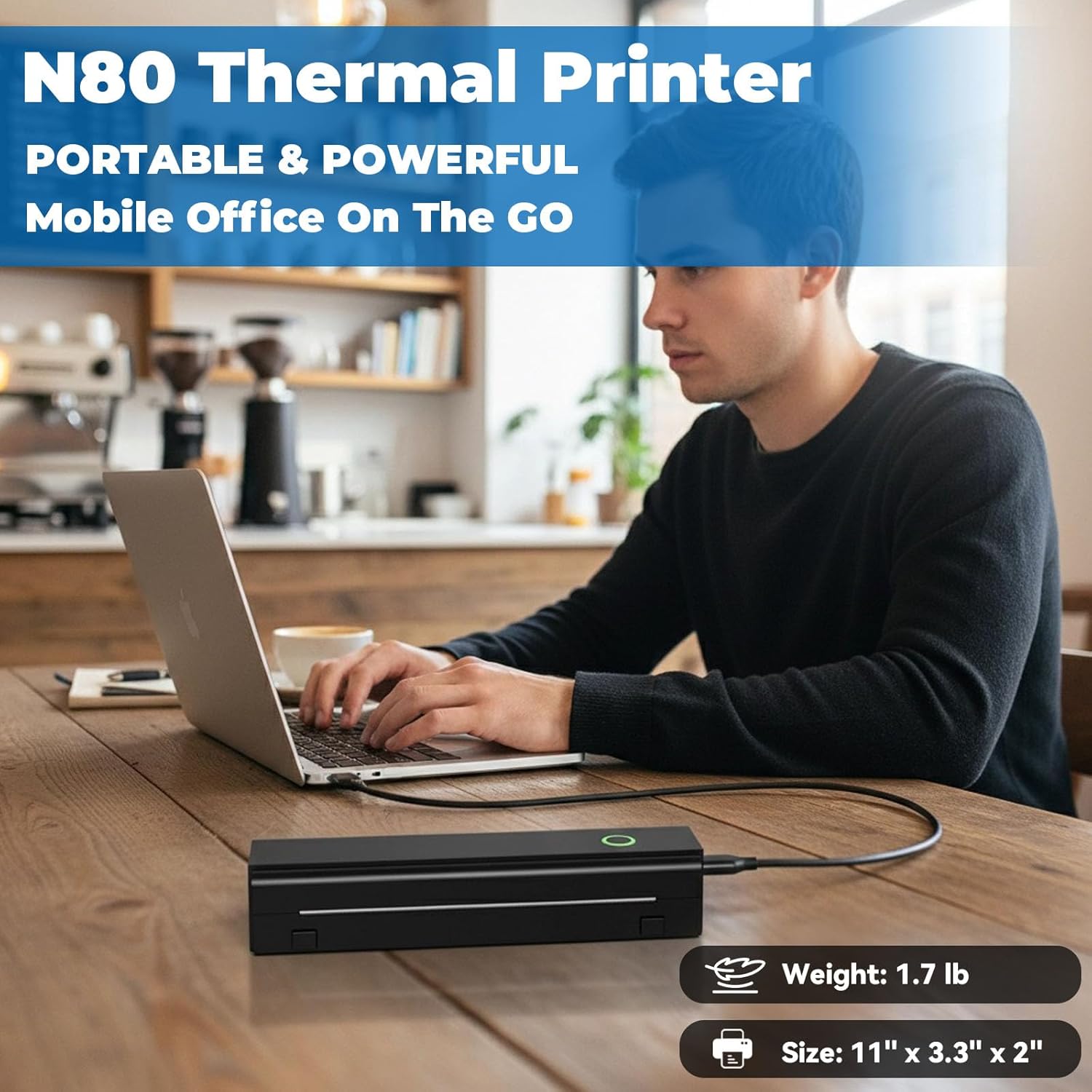 Portable Thermal Printer For Travel - N80 Inkless Bluetooth Printers, Wireless Impresora Portátil with 8.5"x11" US Letter Thermal Paper, Compatible with Phone, iOS, Android, Laptop For Home Office Car