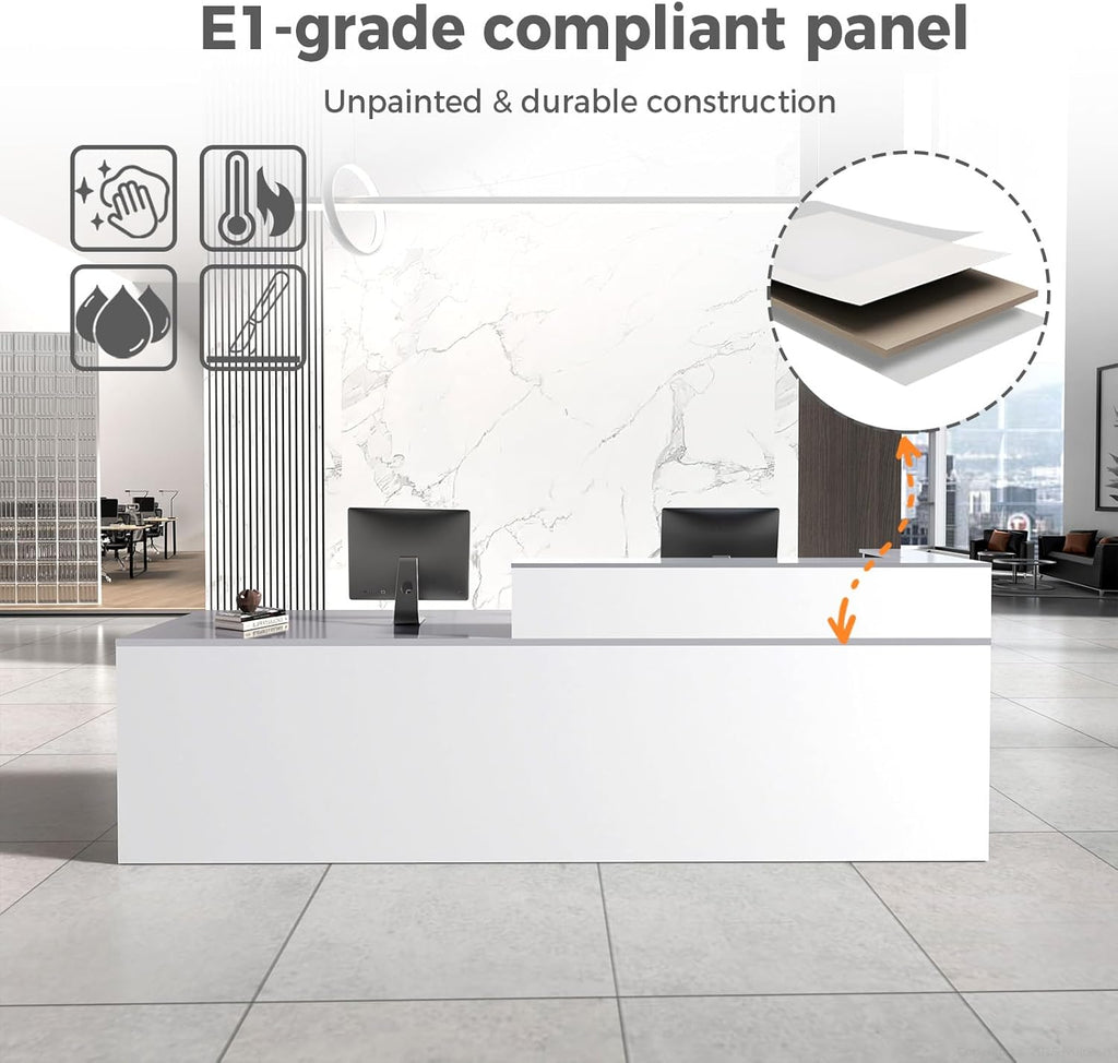 Reception Desk with Counter, Modern Front Desk Reception Counter with Keyboard Tray, Lockable Drawer and Storage Shelves for Office, Retail, Salon(White+Gray/Left, 63" L*24" W*39" H)