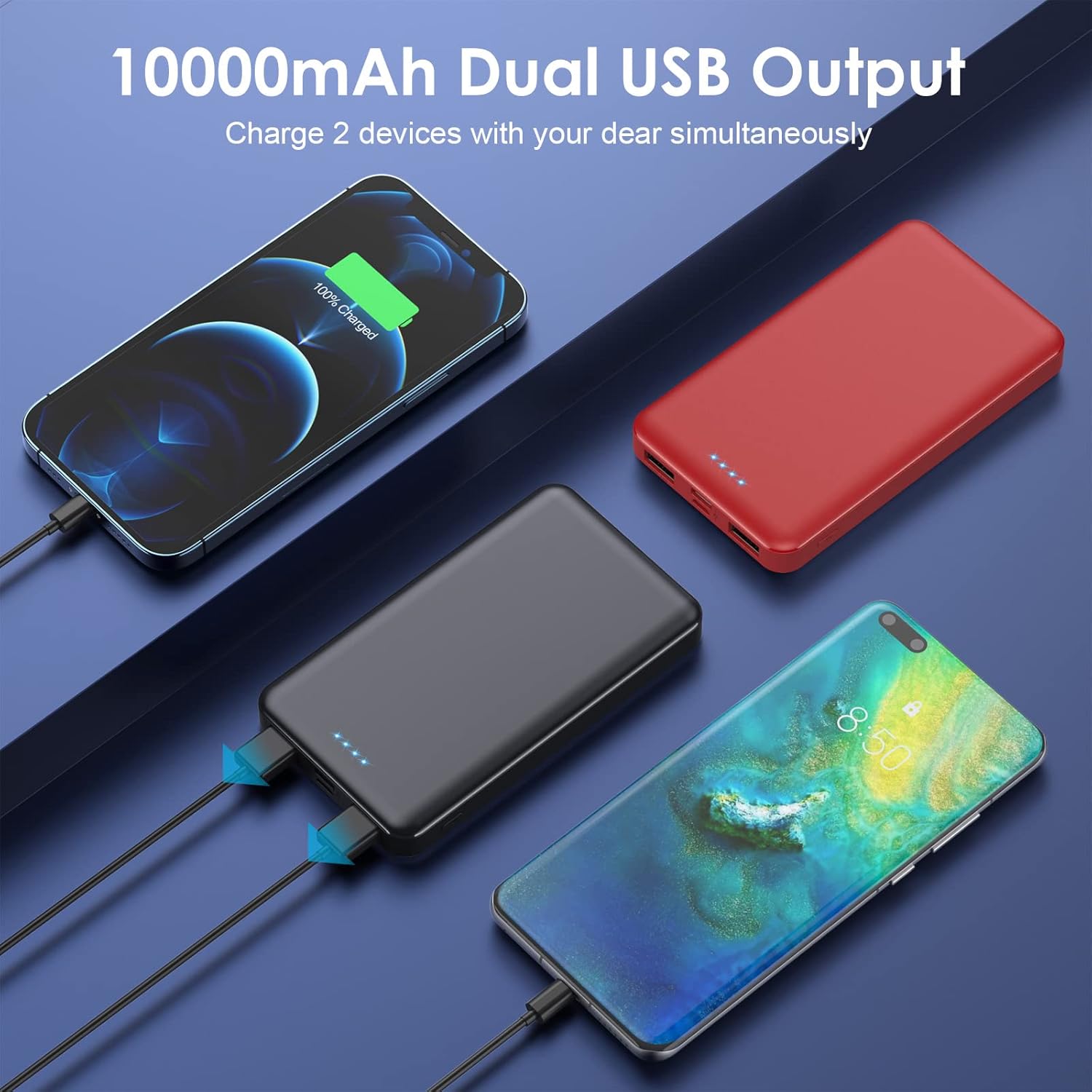 [2 Pack] Portable Charger Power Bank 10000mAh,Ultra Slim Compact External Battery Pack with USB C Input & Dual USB Outputs Backup Charger Compatible with iPhone 13,12, Samsung S20,Tablet-Black+Red