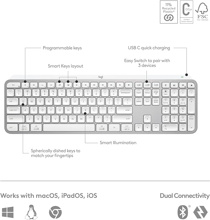 Logitech MX Master 3S Keys S Combo - Performance Wireless Keyboard and Mouse with Palm Rest, Customizable Illumination, Fast Scrolling, Bluetooth, USB C, for Windows, Linux, Chrome, Mac - Pale Grey