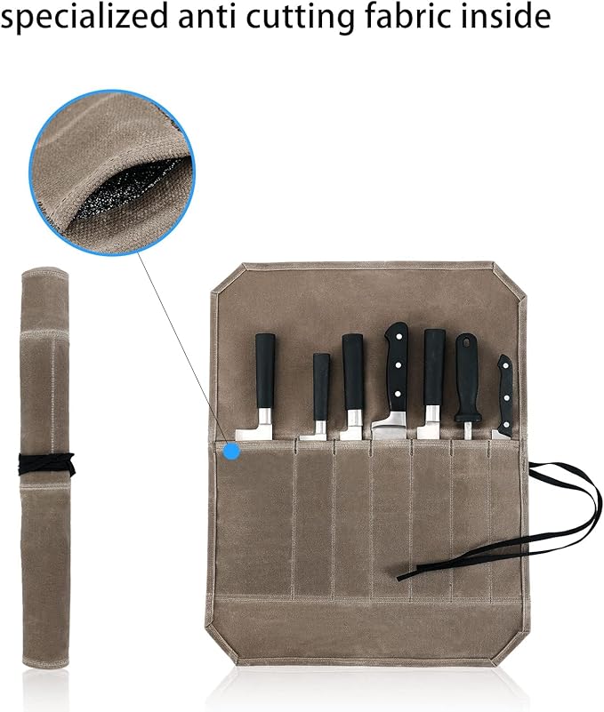 Khaki Chef’s Knife Roll Case, Waxed Canvas Cutlery Knives Holders Protectors, Home Kitchen Cooking Tools And Utensils Wrap Bag Wallet, Multi-Purpose Brush Roll Bag, Travel Tool Roll Pouch