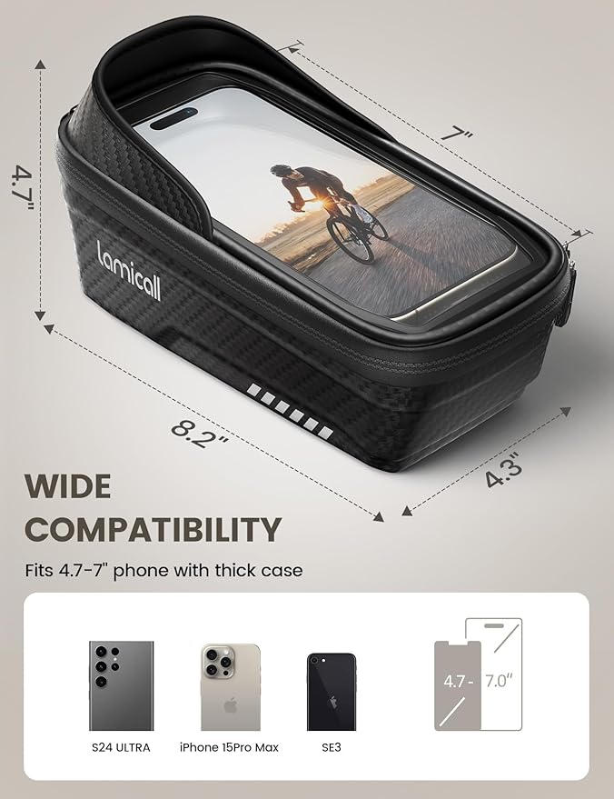 Lamicall Bike Frame Bag Waterproof - [1s Release] [2 in 1] Bike Phone Bag, Bike Phone Holder Mount, Bicycle Top Tube Bag, Cycling Pouch with Rain Cover, Bike Accessories for Phones Under 7"