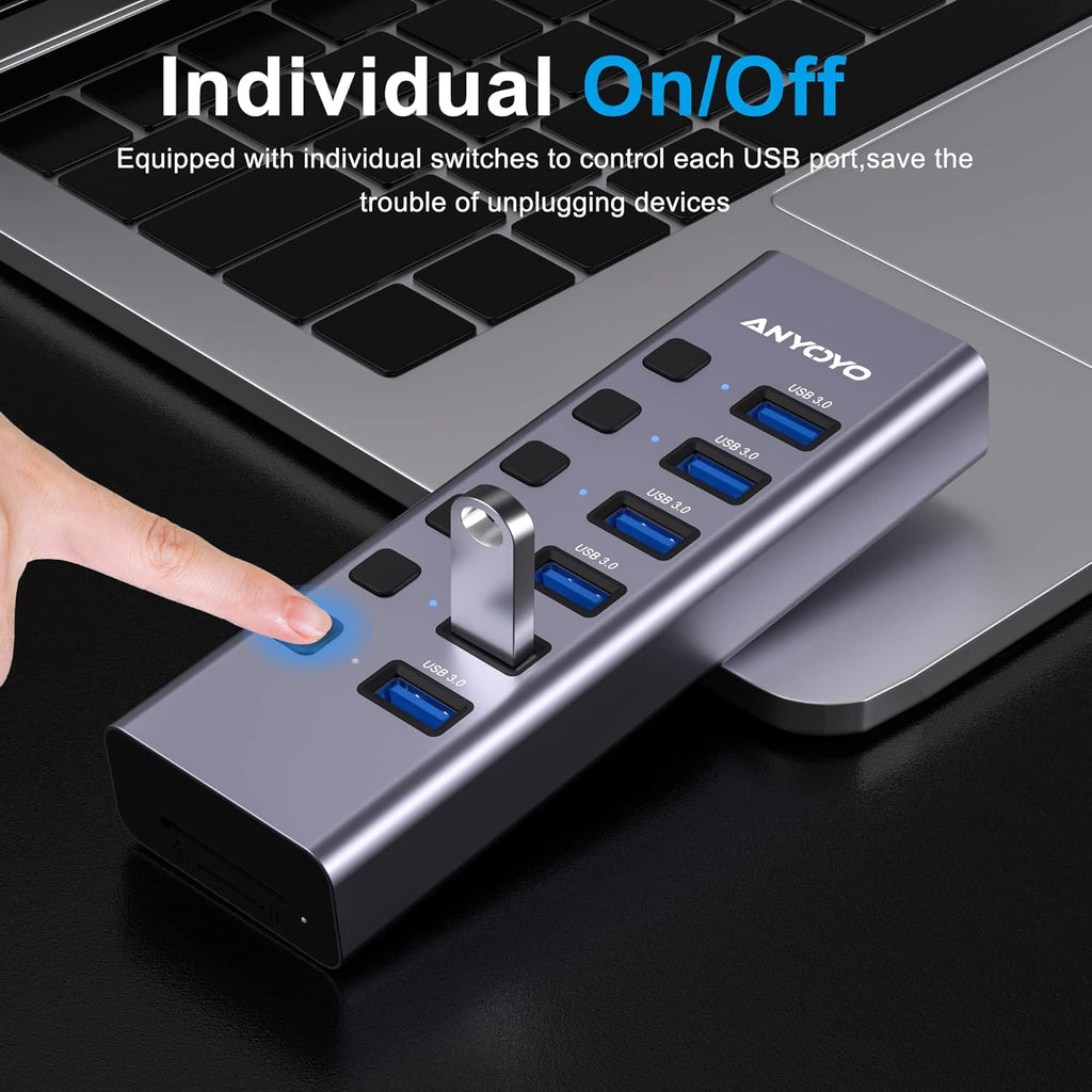 Powered USB Hub with TF/SD Card Reader, 8-Port USB 3.0 Hub with 6 USB 3.0 Data Ports, USB Spilter with Individual On/Off Switches，Aluminum USB Hub with AC Adapter for PC, Desktop, MacBook
