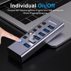 Powered USB Hub with TF/SD Card Reader, 8-Port USB 3.0 Hub with 6 USB 3.0 Data Ports, USB Spilter with Individual On/Off Switches，Aluminum USB Hub with AC Adapter for PC, Desktop, MacBook