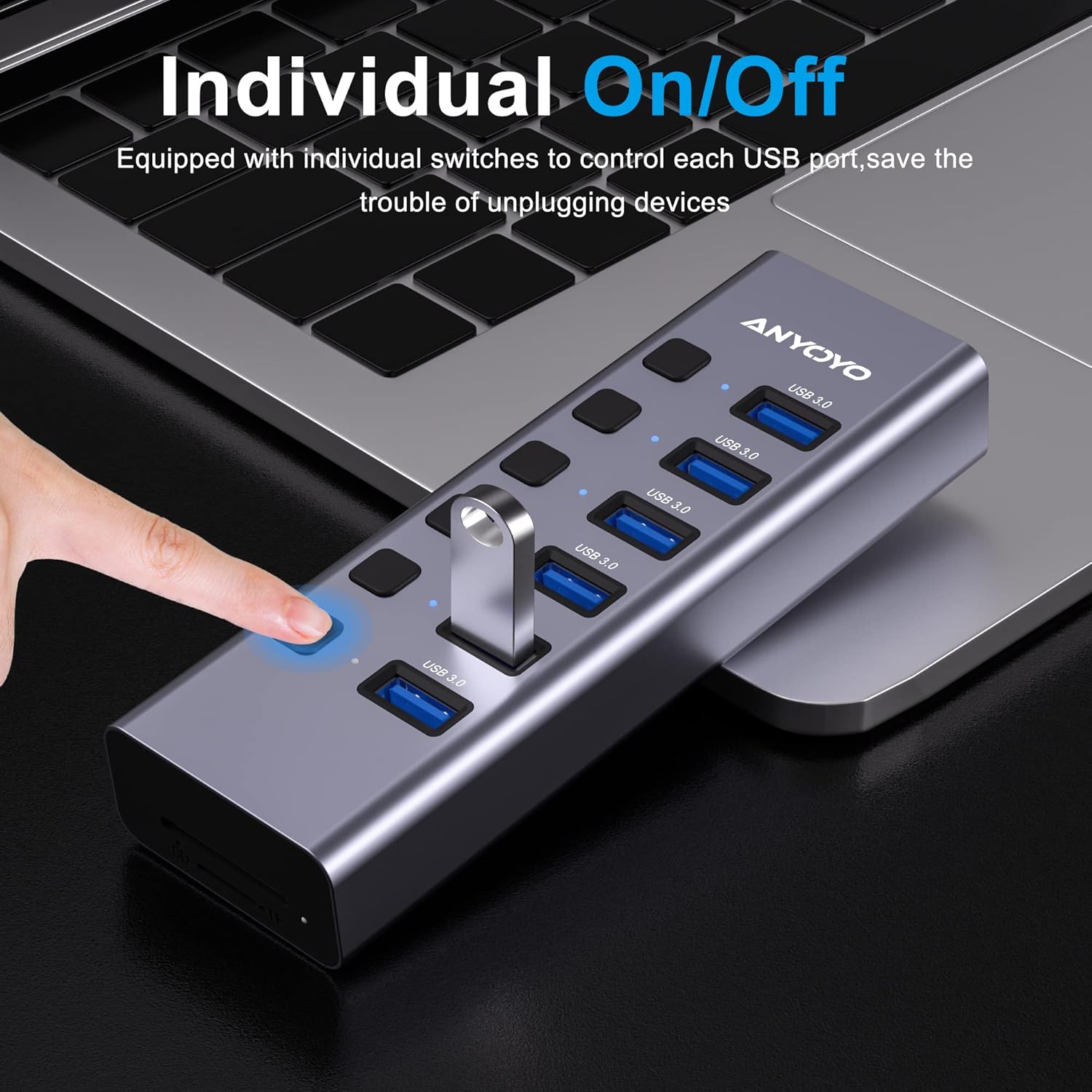 Powered USB Hub with TF/SD Card Reader, 8-Port USB 3.0 Hub with 6 USB 3.0 Data Ports, USB Spilter with Individual On/Off Switches，Aluminum USB Hub with AC Adapter for PC, Desktop, MacBook