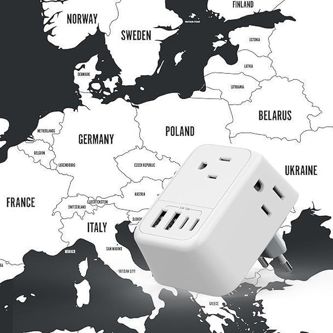 Travel Plug Adapter, International Plug Adapter with 4 AC Outlets 4 USB Ports(2 USB C), Travel Adapter Type C Travel Essentials for US to Most Europe France Germany Italy Spain [1 Pack]