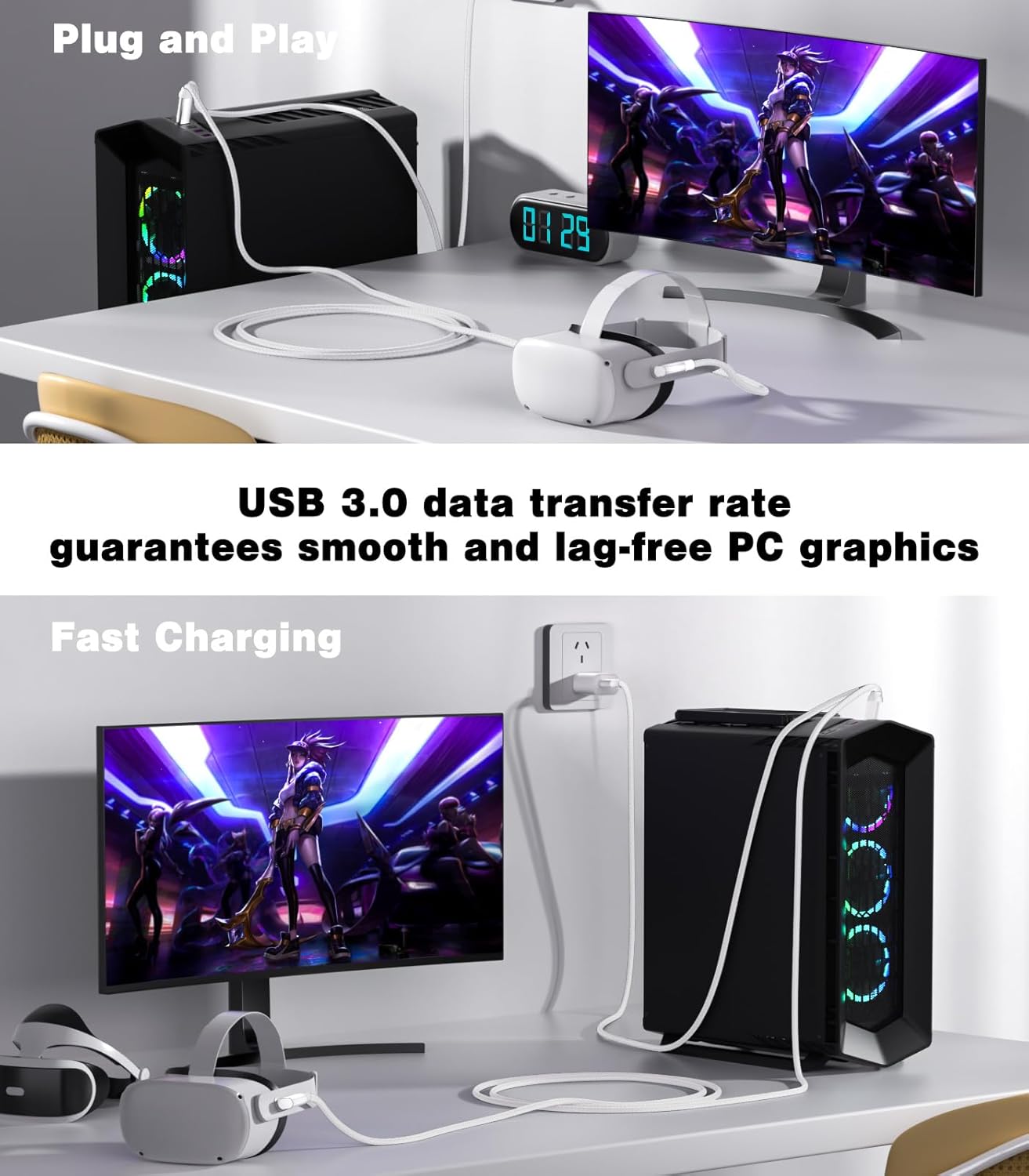 16FT VR Charging Link Cable | USB 3.0 High-Speed Data & Charge for Meta Quest 3S/3/2/Pro, Pico 4 and PC/SteamVR USB-C Charger Cord for VR Headset - White