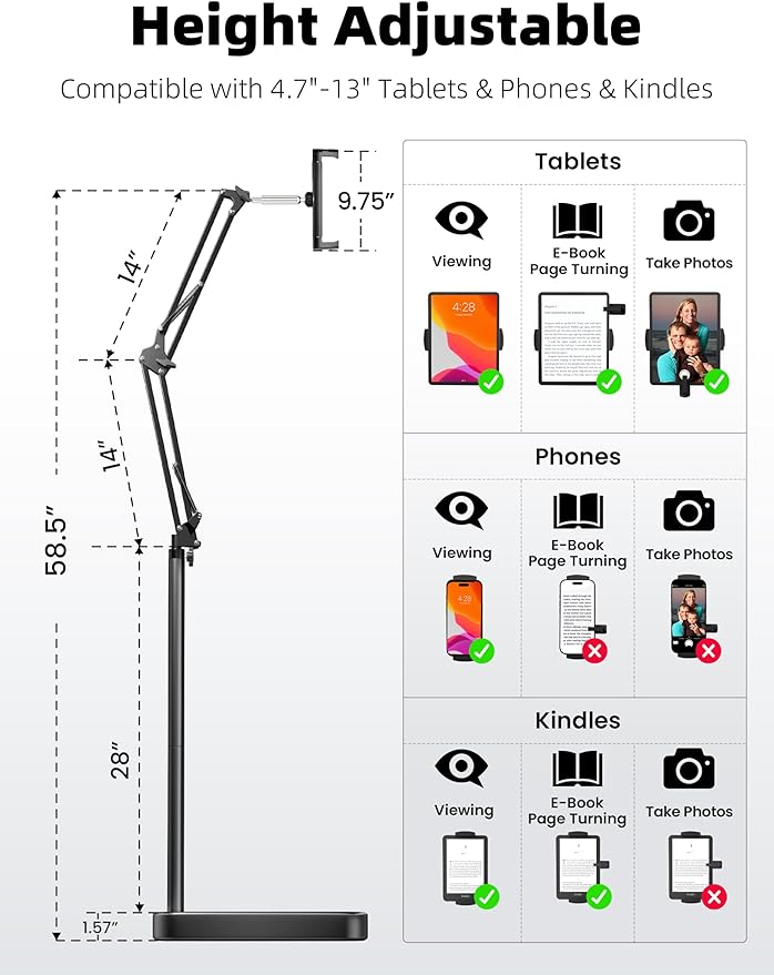 Kindle Floor Stand with Remote Page Turner, Tablet Stand with 11lb Stable Base, Adjustable Height Tablet Holder Mount, Compatible Kindles Tablets iPhones 4.7-12.9 inch