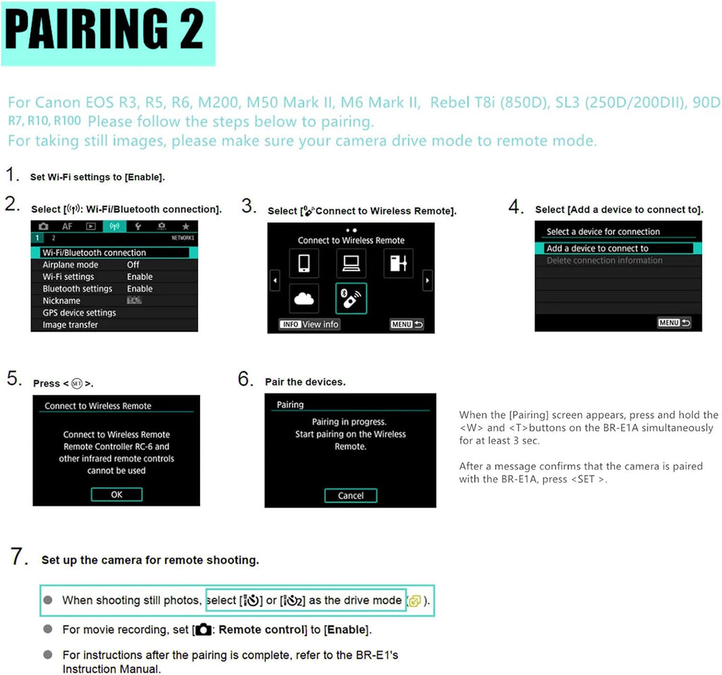 AODELAN Camera Remote Control for Canon EOS RP, EOS R, R5, R6, M50, M50 II, 6D Mark II, 77D, 850D, 800D, 200D, 250D, EOS Rebel SL2, Rebel T7i, T8i, 90D, EOS M6 Mark II, SX70 HS; Replaces Canon BR-E1