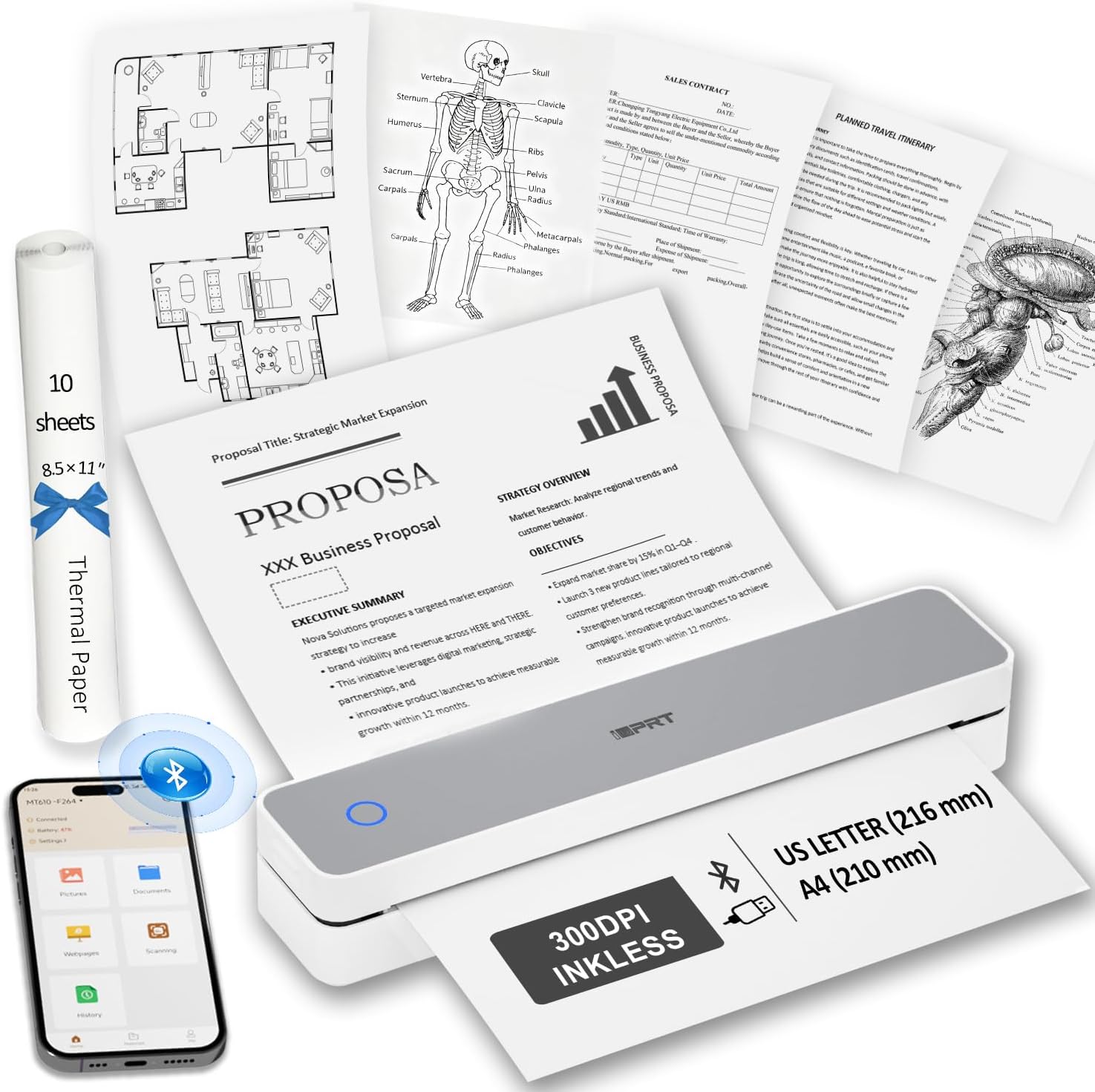 Inkless Portable Printer for Travel, 300DPI Wireless Thermal Printer Support 8.5" x 11" US Letter, A4, MT610Pro Small Bluetooth Printers Compatible with iOS, Android Laptop for Home Office Car, Grey