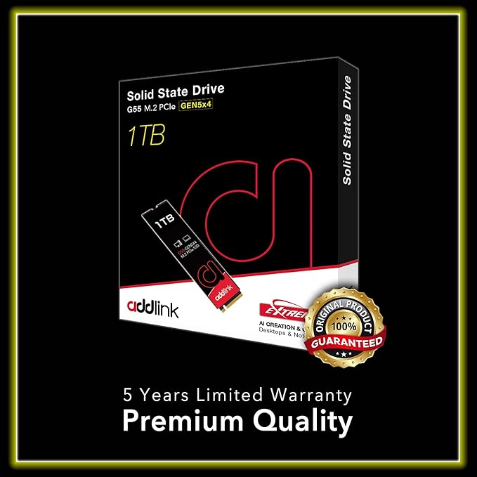 Addlink G55 1TB PCIe 5.0 Gen5 NVMe M.2 SSD- Up to 10,200 MB/s - PC Gaming Upgrade, Photography, Video Editing & Design - Gen5x4 Internal Solid State Drive (ad1TBG55M2P)